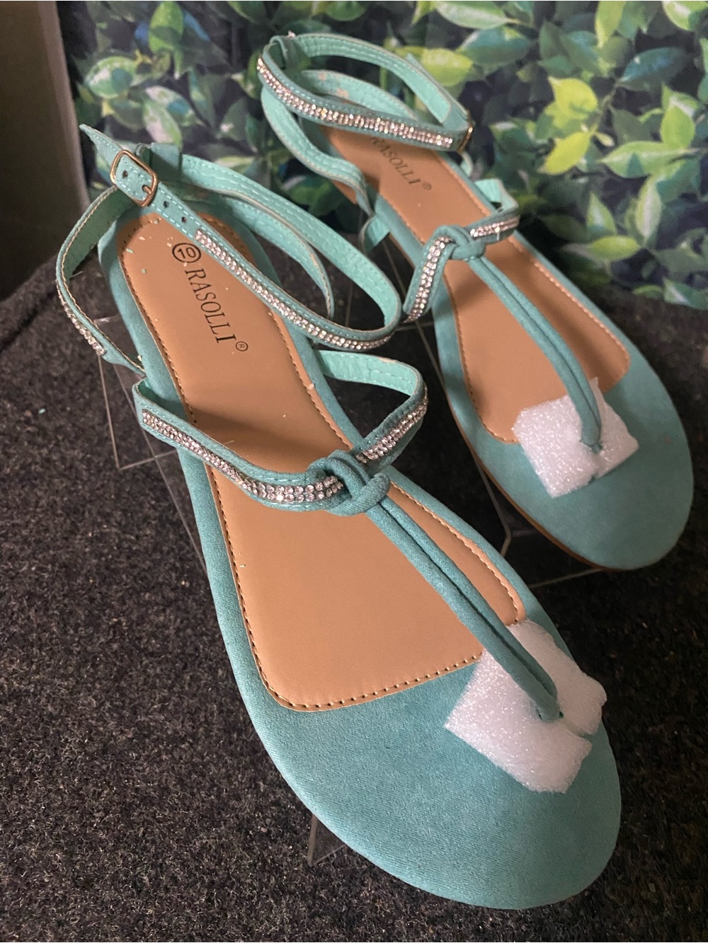 Rasolli Aqua T-Strap Rhinestone Sandals